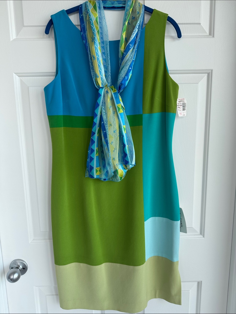 Vintage Maggy London Green Teal Blue Silk Dress with Scarf